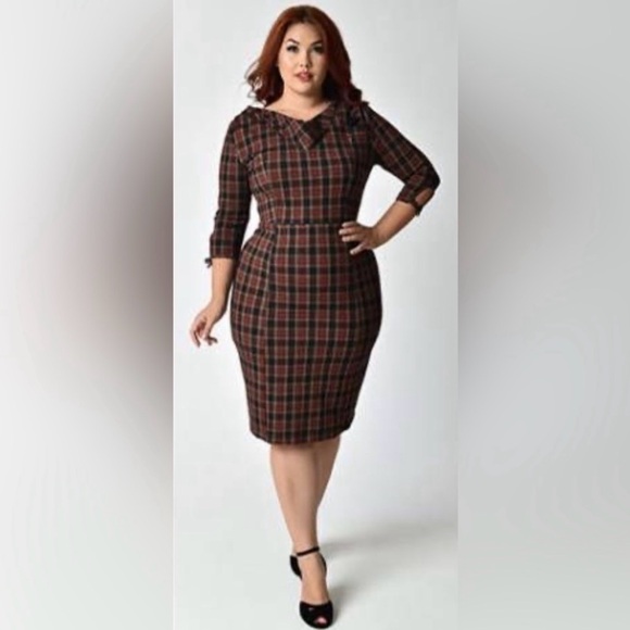 Unique Vintage Dresses & Skirts - Unique Vintage Red Plaid Carmen
Half Sleeve Wiggle Dress Mad Men 2XL - NWT